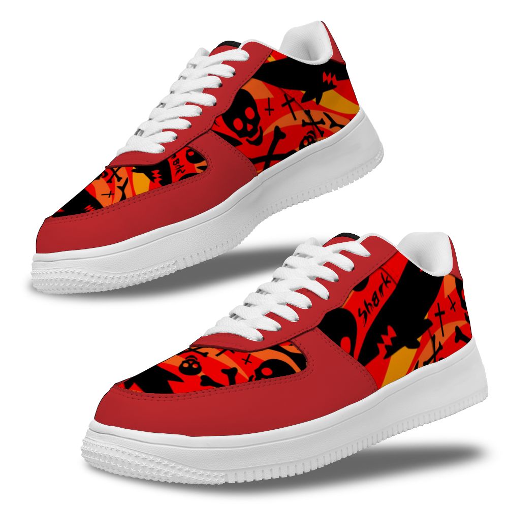Anpassen Roter Hintergrund Hai und Totenkopf Weißes Schuhfutter Sneakers für Frauen und Männer