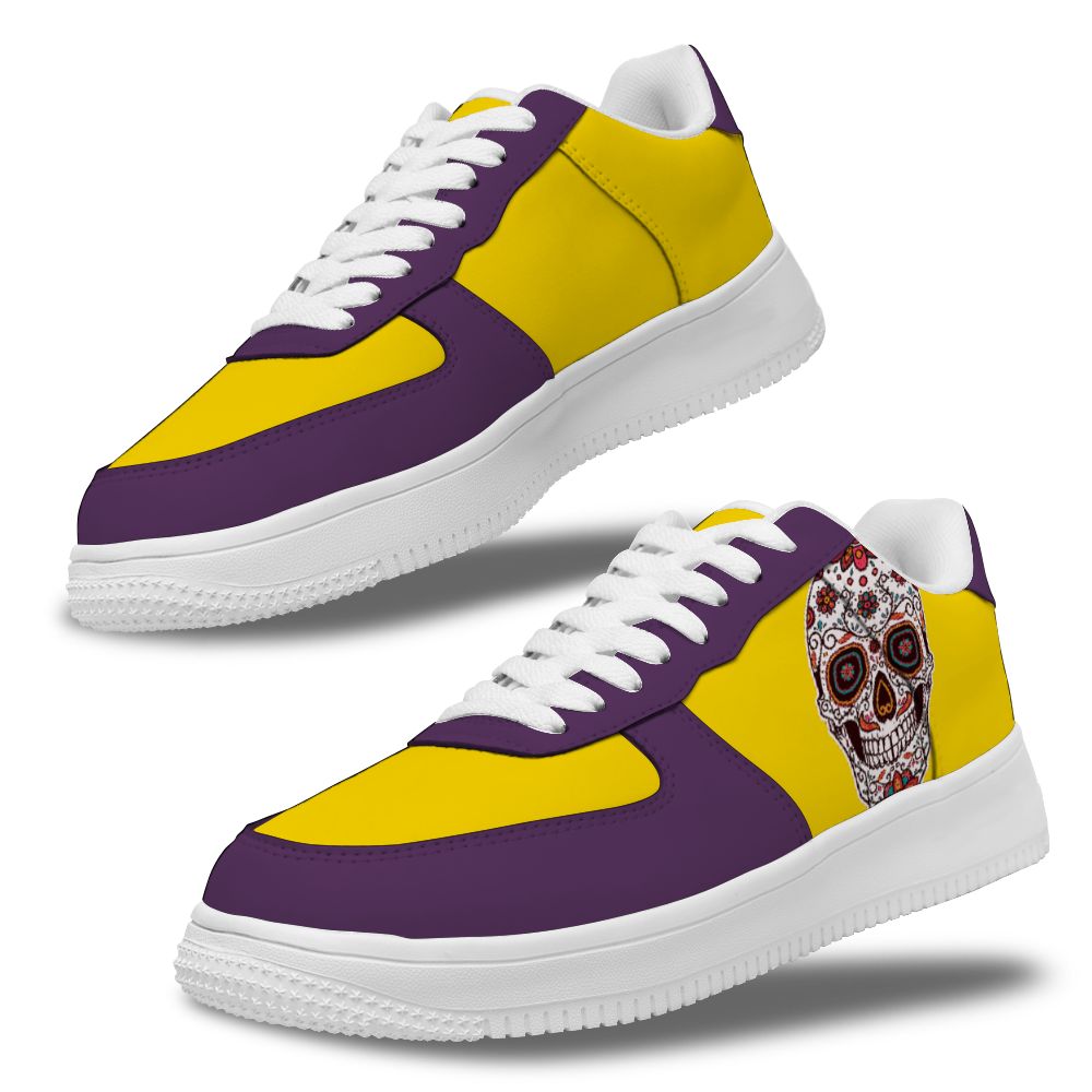 Benutzerdefinierte gelb lila Totenkopf Sneakers für Frauen und Männer