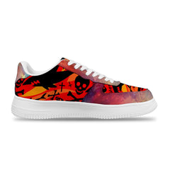 Personalisierter roter Sternenhimmel Hintergrund Hai und TotenkopfWeißes Schuhfutter Sneakers für Damen und Herren
